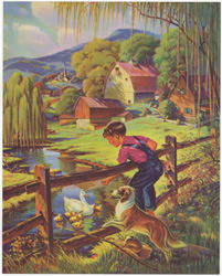 Vintage prints of boy feeding ducks on farm's pond, with dog)